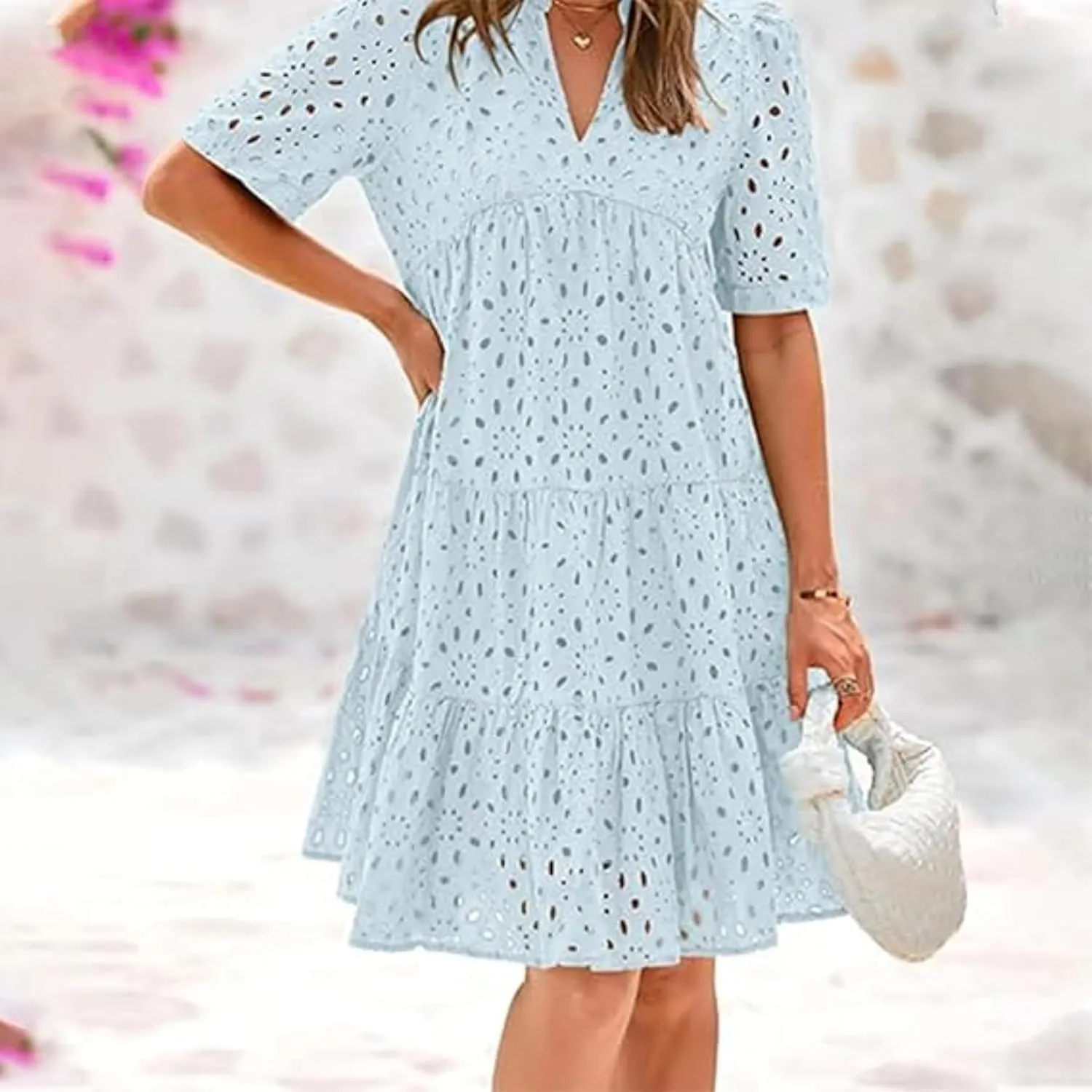 The Beauty North Eyelet Dress,Eyelet Ruffle Dresses,Women's Elegant Hollow Out Lace Ruffle Casual Mini Dress