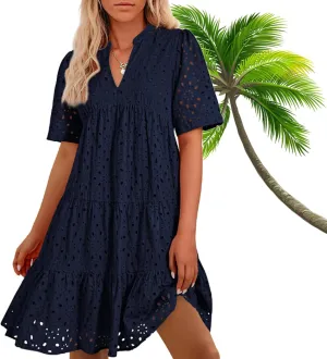 The Beauty North Eyelet Dress,Eyelet Ruffle Dresses,Women's Elegant Hollow Out Lace Ruffle Casual Mini Dress