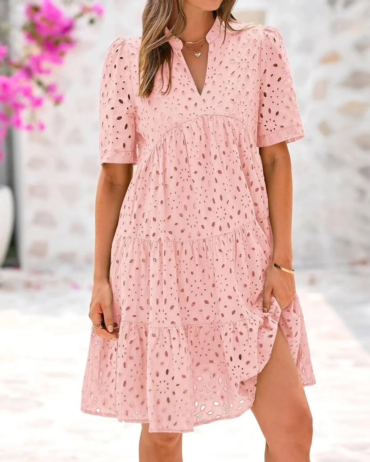 The Beauty North Eyelet Dress,Eyelet Ruffle Dresses,Women's Elegant Hollow Out Lace Ruffle Casual Mini Dress