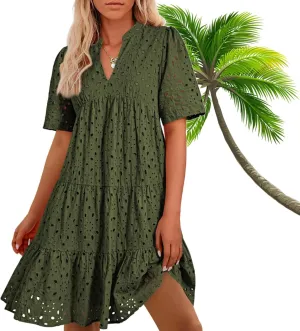 The Beauty North Eyelet Dress,Eyelet Ruffle Dresses,Women's Elegant Hollow Out Lace Ruffle Casual Mini Dress