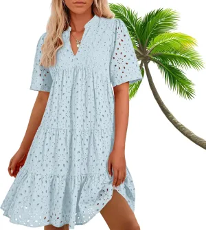 The Beauty North Eyelet Dress,Eyelet Ruffle Dresses,Women's Elegant Hollow Out Lace Ruffle Casual Mini Dress