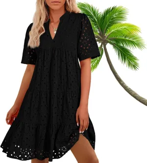 The Beauty North Eyelet Dress,Eyelet Ruffle Dresses,Women's Elegant Hollow Out Lace Ruffle Casual Mini Dress