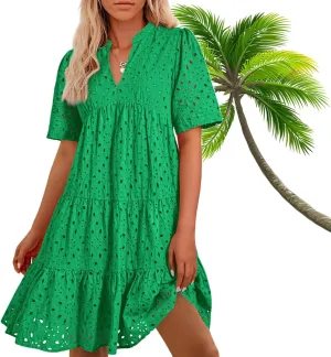 The Beauty North Eyelet Dress,Eyelet Ruffle Dresses,Women's Elegant Hollow Out Lace Ruffle Casual Mini Dress