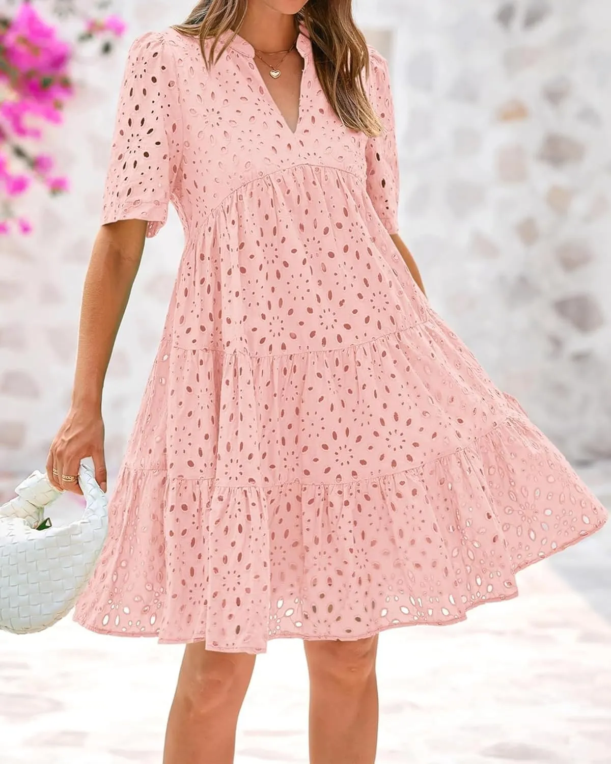 The Beauty North Eyelet Dress,Eyelet Ruffle Dresses,Women's Elegant Hollow Out Lace Ruffle Casual Mini Dress
