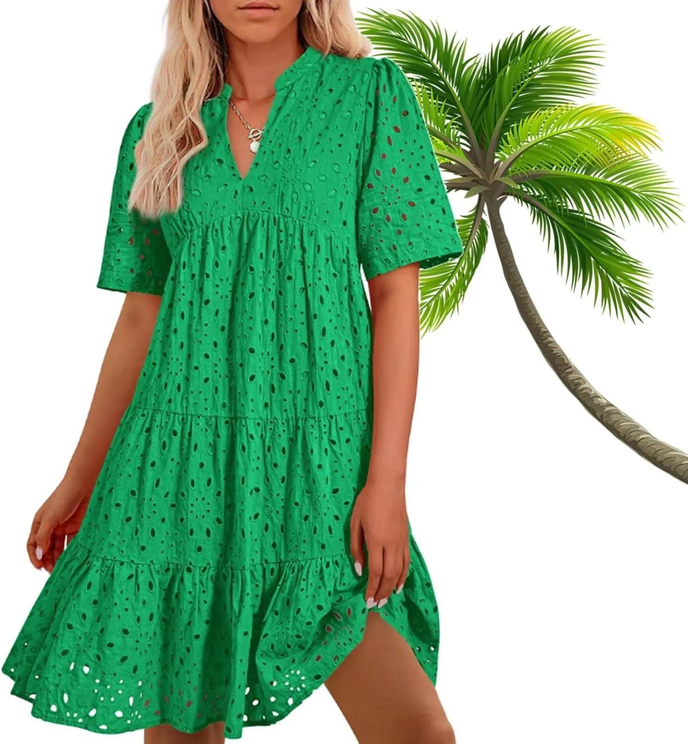 The Beauty North Eyelet Dress,Eyelet Ruffle Dresses,Women's Elegant Hollow Out Lace Ruffle Casual Mini Dress