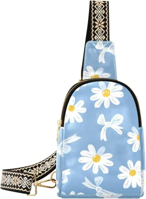 trendy Blue Background with A White Daisies Pattern leather fanny pack multipurpose sling bags for women for day pack