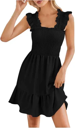 TUNUSKAT Womens Summer Casual Sleeveless Dresses Square Neck Smocked Ruffle Mini Dress 2024 Trendy Boho Beach Short Sundress