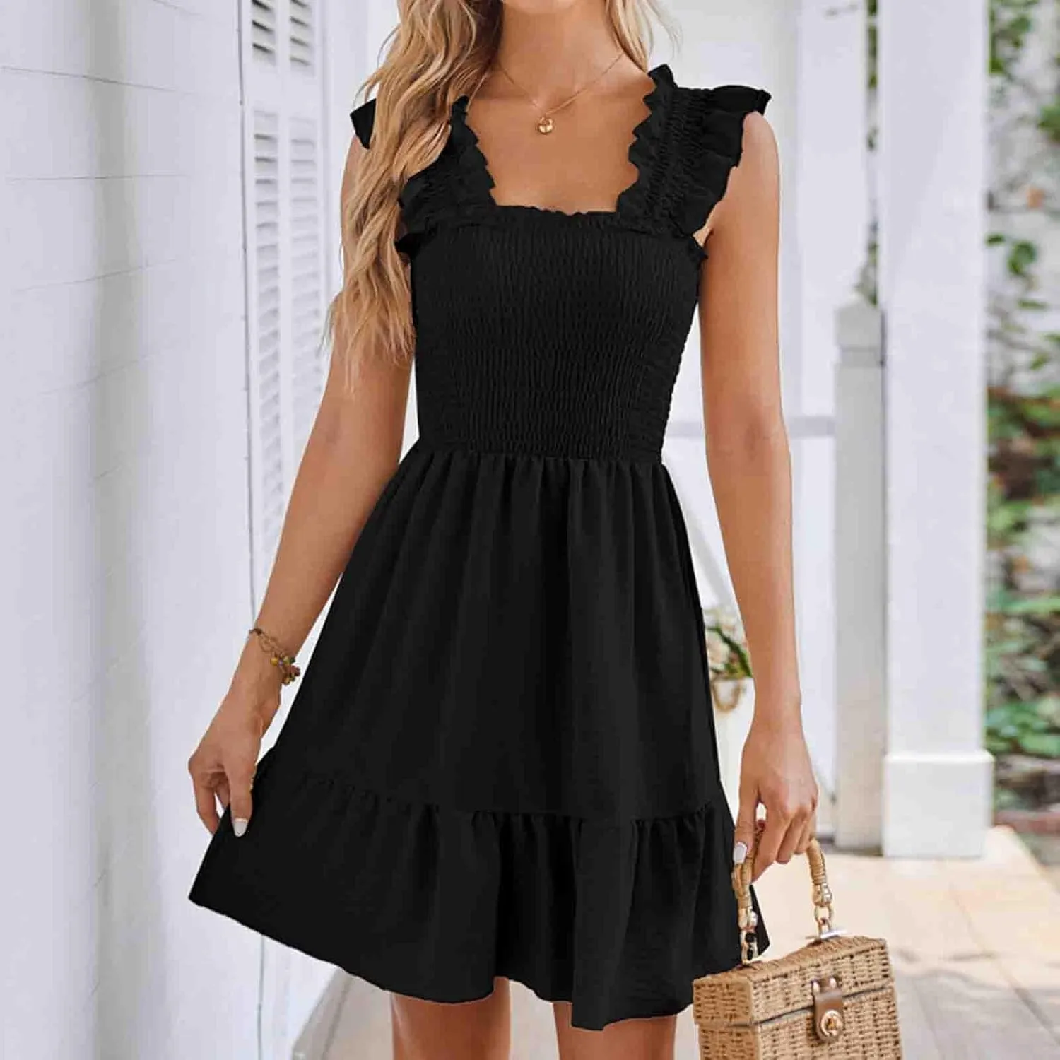 TUNUSKAT Womens Summer Casual Sleeveless Dresses Square Neck Smocked Ruffle Mini Dress 2024 Trendy Boho Beach Short Sundress