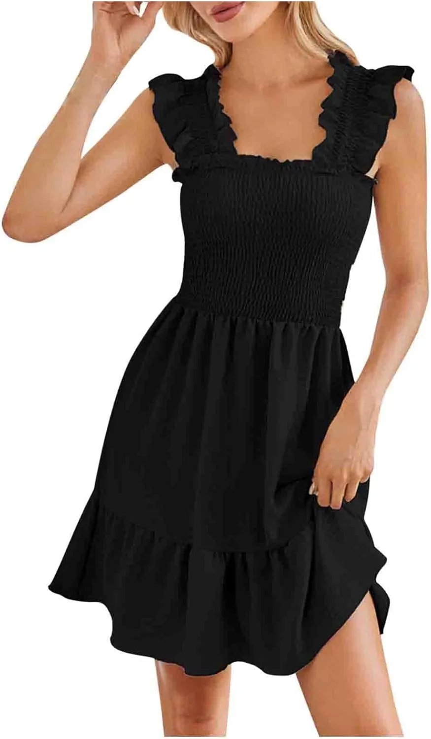 TUNUSKAT Womens Summer Casual Sleeveless Dresses Square Neck Smocked Ruffle Mini Dress 2024 Trendy Boho Beach Short Sundress