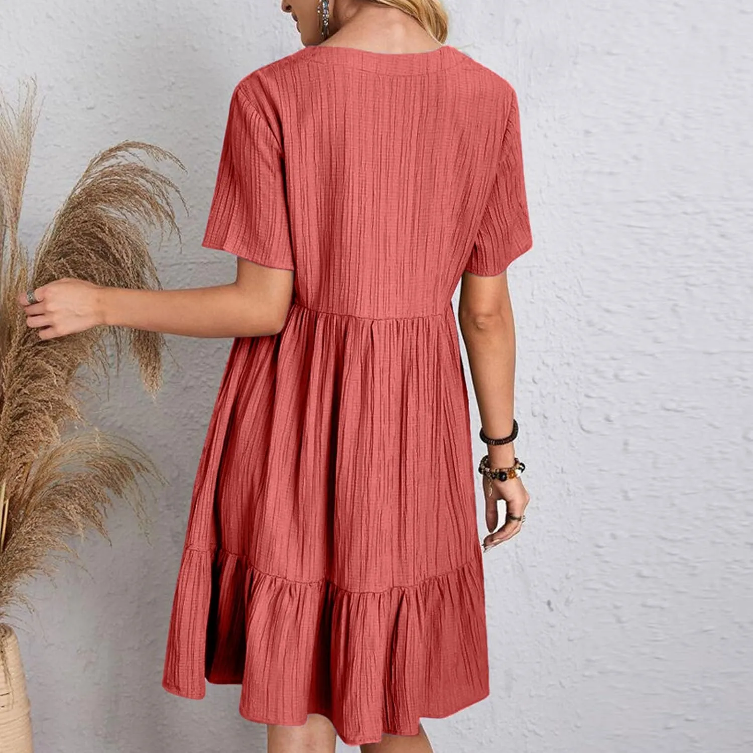 Vacation Dresses for Women 2025 Summer Loose Fit V Neck Short Sleeve Mini Dress Flowy Pleated Ruffle Hem Dress
