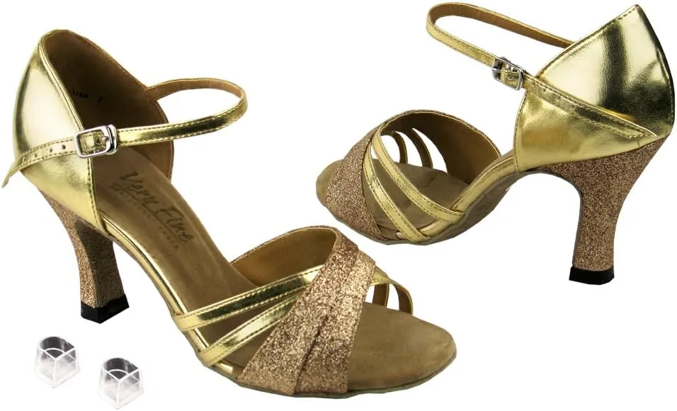 Very Fine Ladies Women Ballroom Dance Shoes EK6030 Gold Stardust & Gold Leather 2.5" Heel (7M)