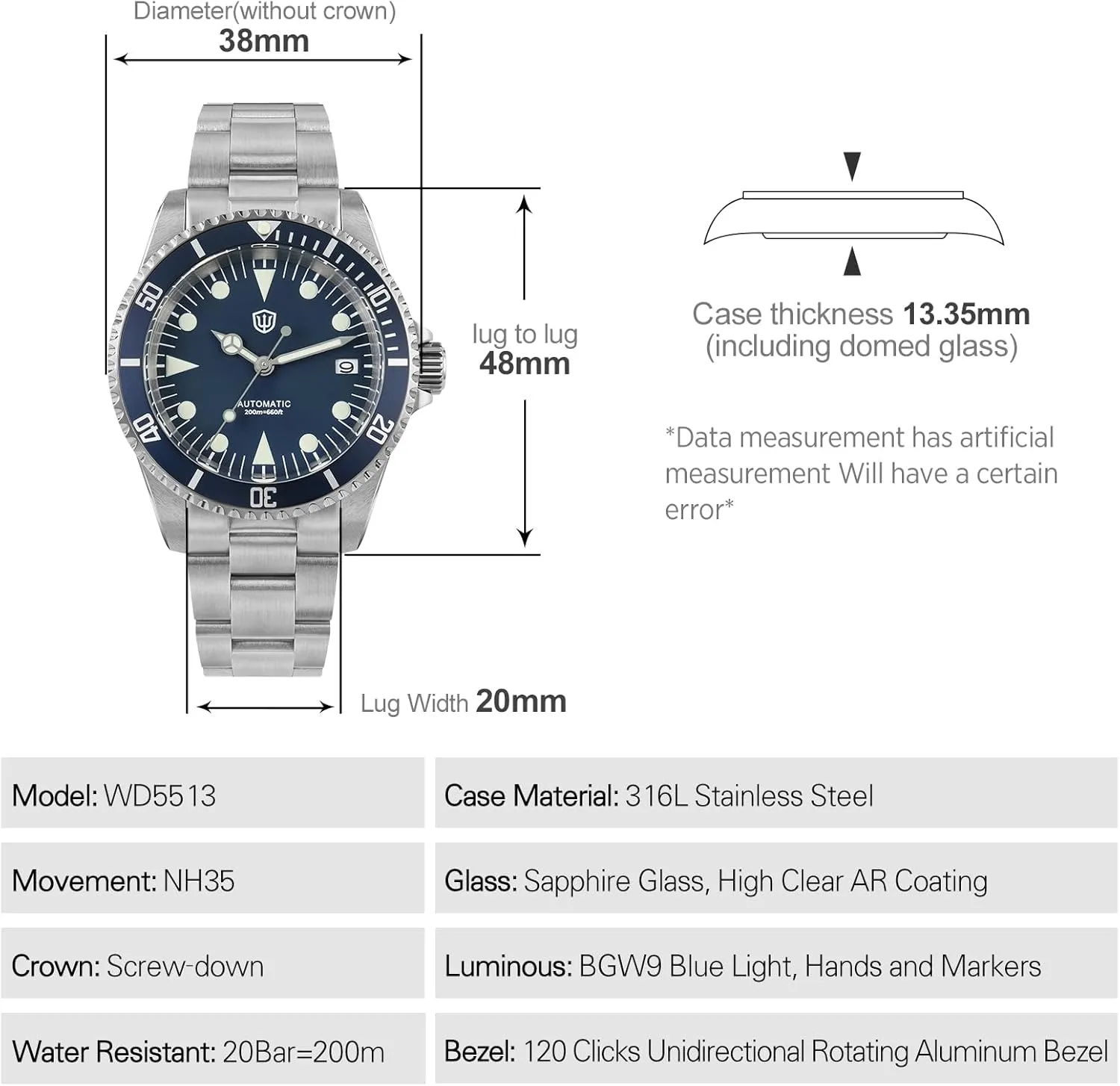 watchdives Automatic Watches for Men, WD5513 Vintage Sub Dive Watch 38mm Sapphire Crystal Watch NH35 Movement Wristwatch 200m Waterproof Watches
