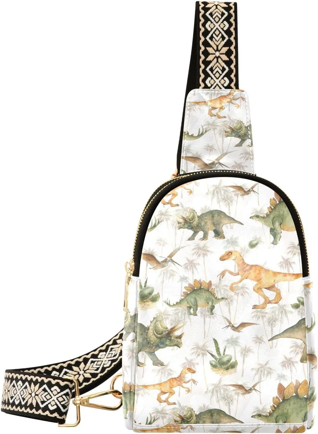 Watercolor Cartoon Dino Fanny Pack Crossbody PC Leather Small Sling Bag for Women Dinosaurs Plam Tree Fashion Waist Packs Chest Bag for Travel Sports Running Hiking