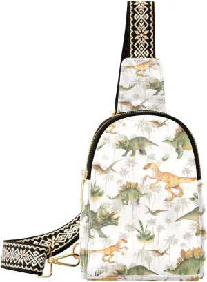Watercolor Cartoon Dino Fanny Pack Crossbody PC Leather Small Sling Bag for Women Dinosaurs Plam Tree Fashion Waist Packs Chest Bag for Travel Sports Running Hiking