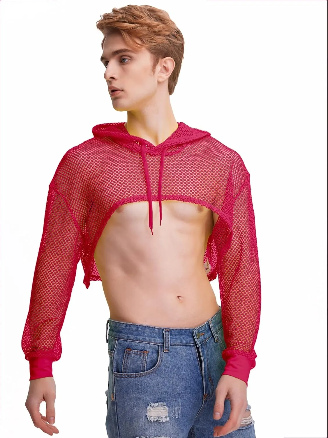 WDIRARA Men's Drawstring Fishnet Mesh Long Sleeve Hoodie Crop Top Pullovers