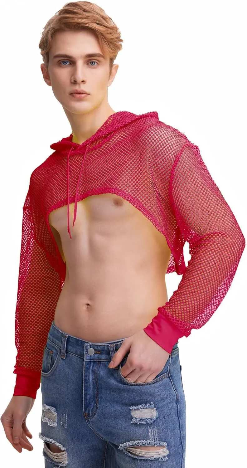 WDIRARA Men's Drawstring Fishnet Mesh Long Sleeve Hoodie Crop Top Pullovers