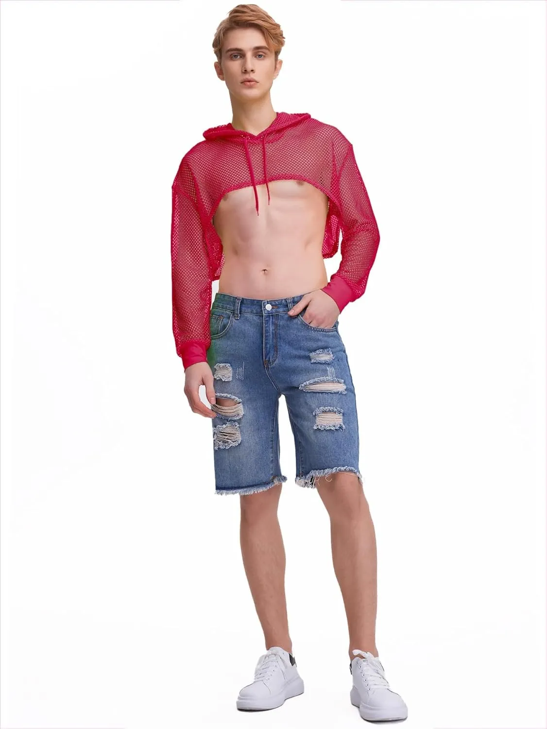 WDIRARA Men's Drawstring Fishnet Mesh Long Sleeve Hoodie Crop Top Pullovers