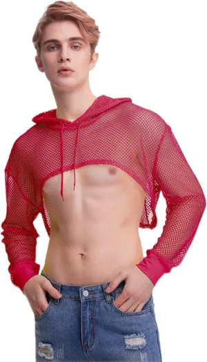 WDIRARA Men's Drawstring Fishnet Mesh Long Sleeve Hoodie Crop Top Pullovers