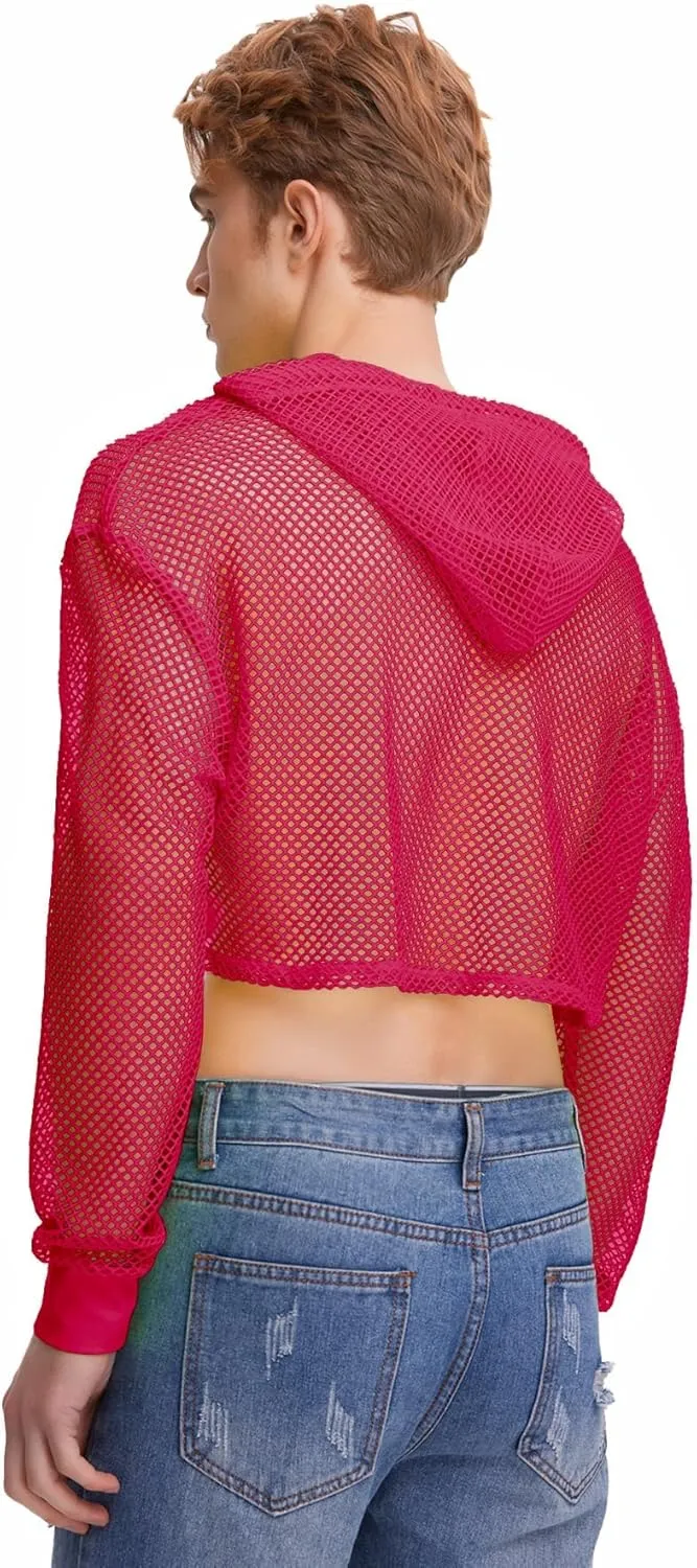 WDIRARA Men's Drawstring Fishnet Mesh Long Sleeve Hoodie Crop Top Pullovers