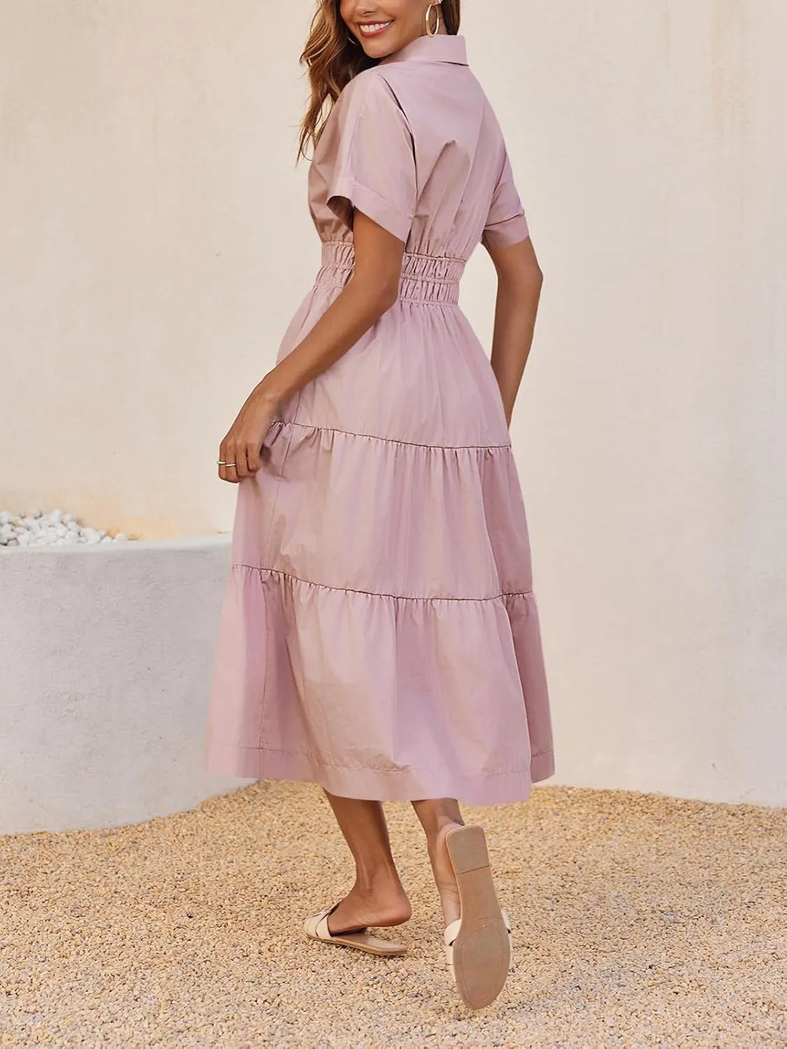 Wenrine Womens Summer Short Sleeve Maxi Dresses Casual V Neck Smocked Loose Tiered Flowy Shirt Dress with Pockets