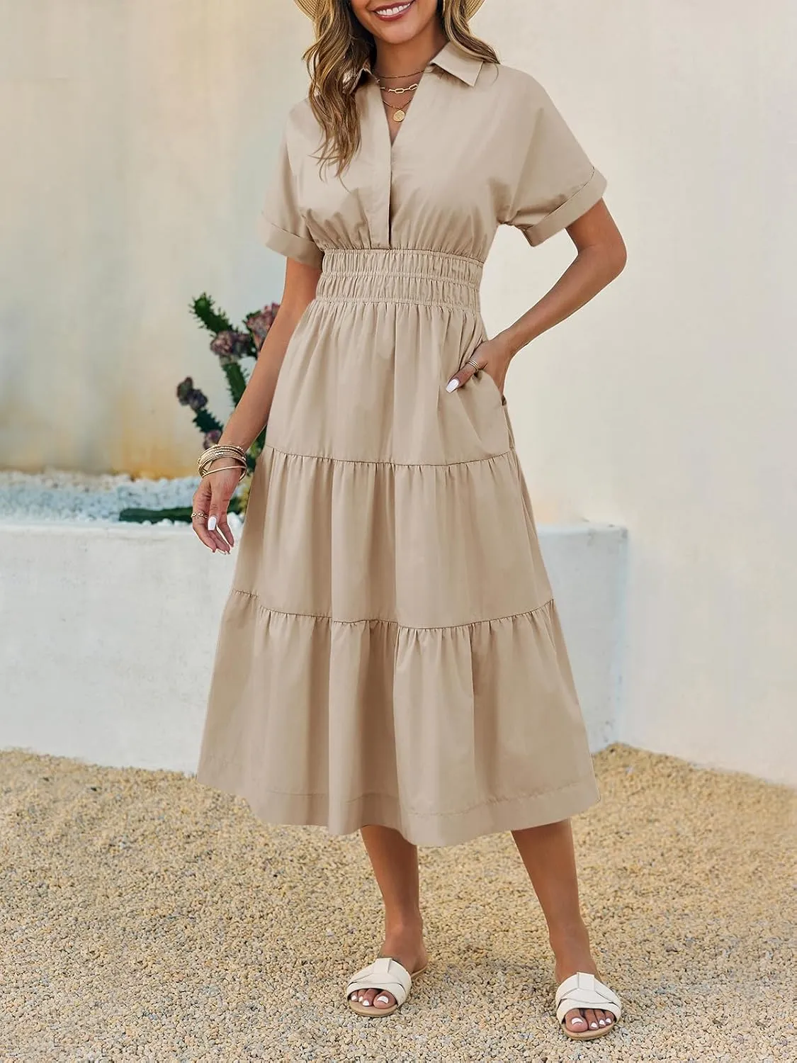 Wenrine Womens Summer Short Sleeve Maxi Dresses Casual V Neck Smocked Loose Tiered Flowy Shirt Dress with Pockets