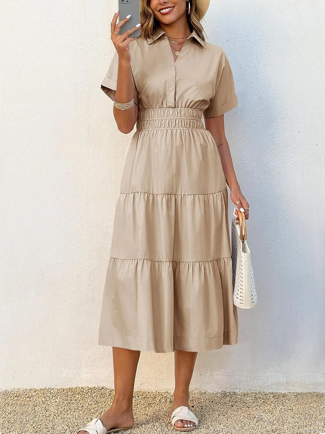 Wenrine Womens Summer Short Sleeve Maxi Dresses Casual V Neck Smocked Loose Tiered Flowy Shirt Dress with Pockets