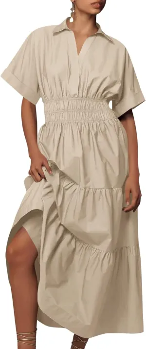 Wenrine Womens Summer Short Sleeve Maxi Dresses Casual V Neck Smocked Loose Tiered Flowy Shirt Dress with Pockets