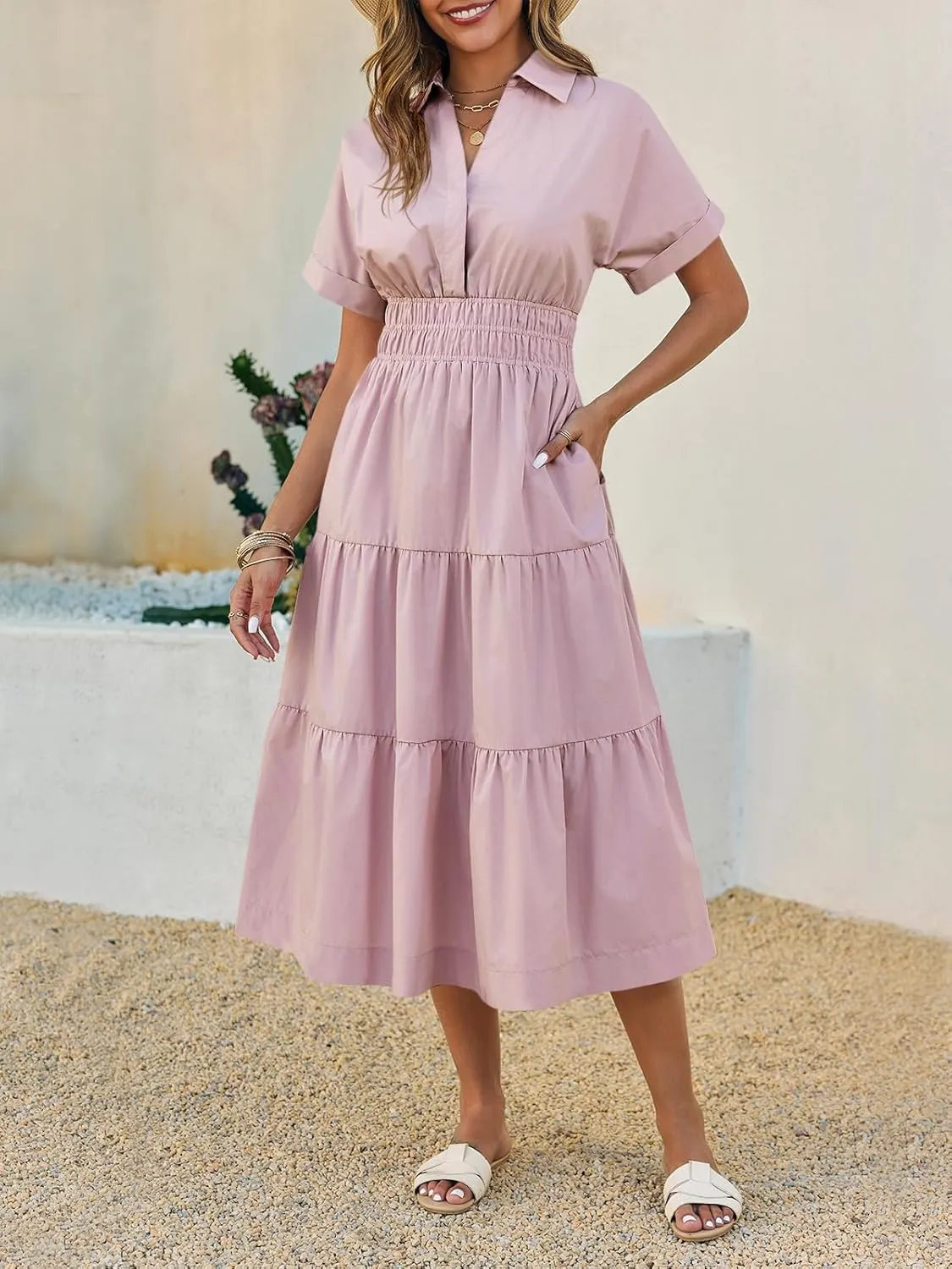 Wenrine Womens Summer Short Sleeve Maxi Dresses Casual V Neck Smocked Loose Tiered Flowy Shirt Dress with Pockets