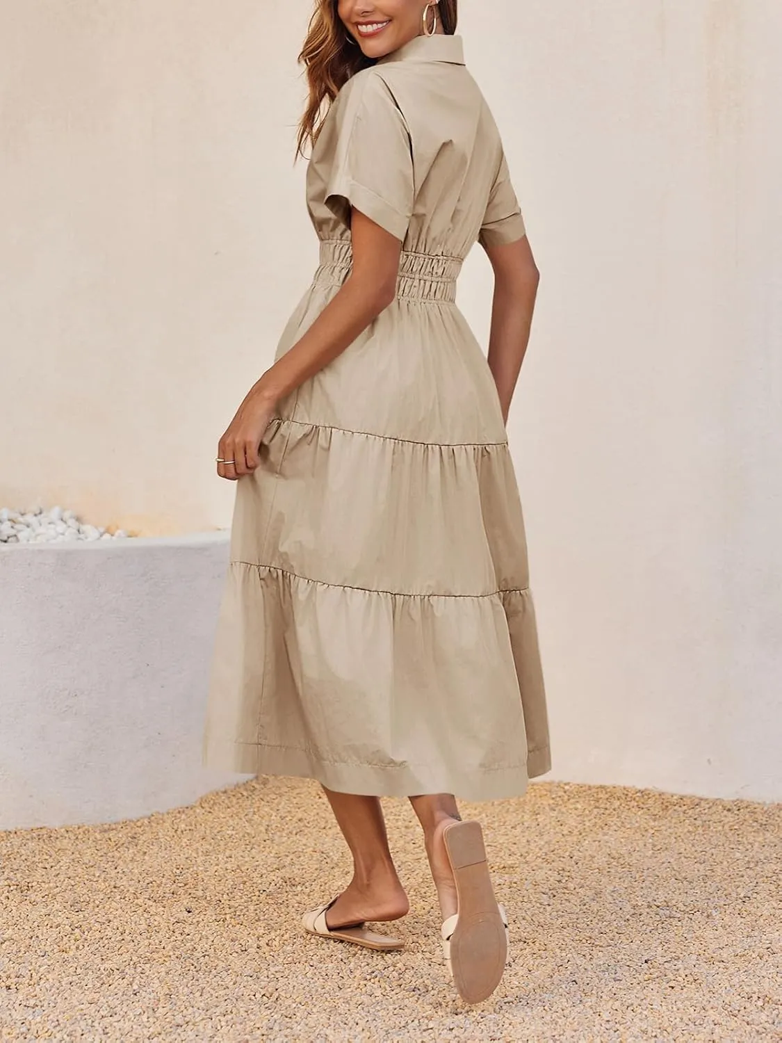 Wenrine Womens Summer Short Sleeve Maxi Dresses Casual V Neck Smocked Loose Tiered Flowy Shirt Dress with Pockets