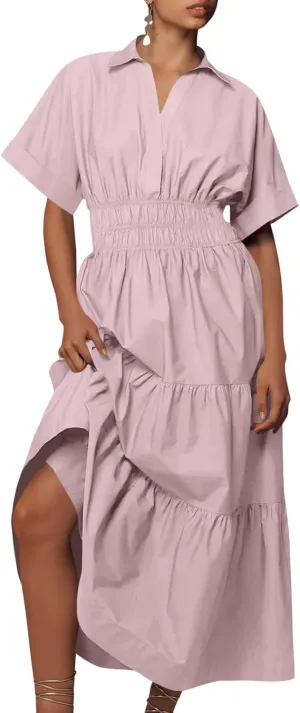 Wenrine Womens Summer Short Sleeve Maxi Dresses Casual V Neck Smocked Loose Tiered Flowy Shirt Dress with Pockets
