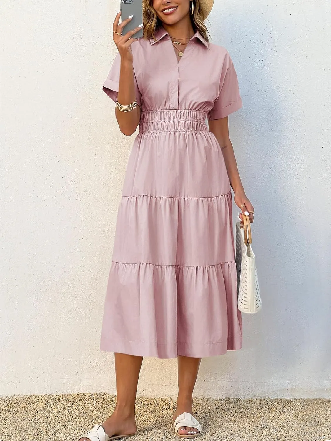 Wenrine Womens Summer Short Sleeve Maxi Dresses Casual V Neck Smocked Loose Tiered Flowy Shirt Dress with Pockets