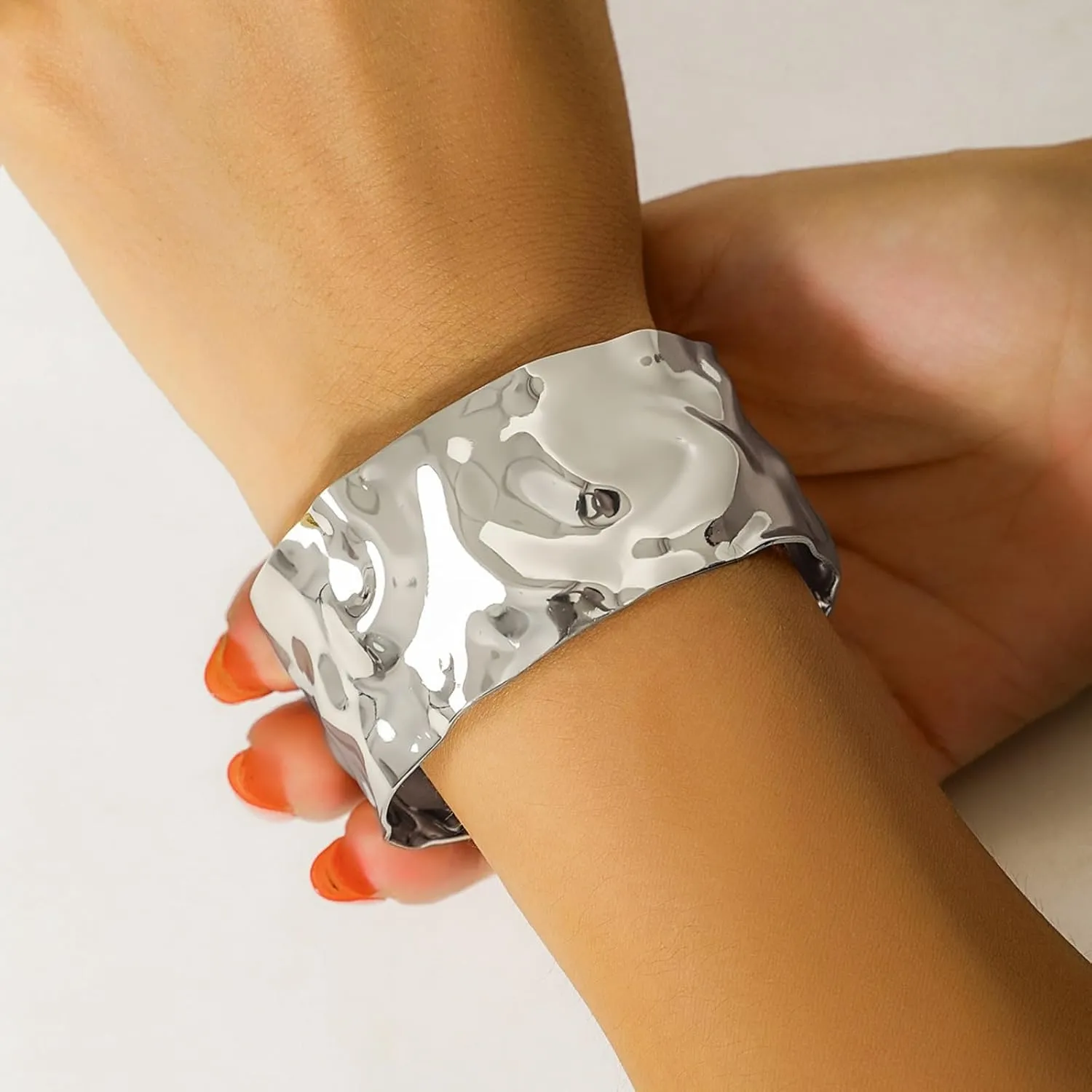 Wide Cuff Bracelet for Women Chunky Thick Hammered Concave Open Edge Arm Wrist Wrap Irregular Adjustable Shiny