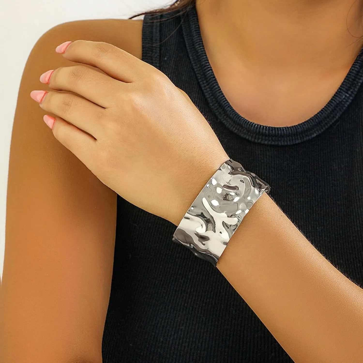 Wide Cuff Bracelet for Women Chunky Thick Hammered Concave Open Edge Arm Wrist Wrap Irregular Adjustable Shiny