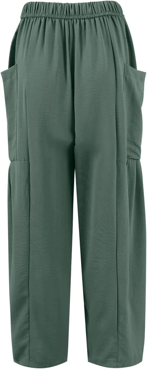Wide Leg Boho Pants for Women 2025 Linen Beach Elastic Waist Palazzo Pants with Pockets Drawstring Pleated Trousers