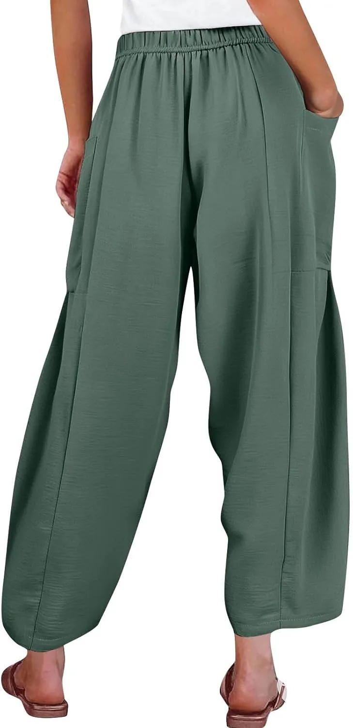 Wide Leg Boho Pants for Women 2025 Linen Beach Elastic Waist Palazzo Pants with Pockets Drawstring Pleated Trousers