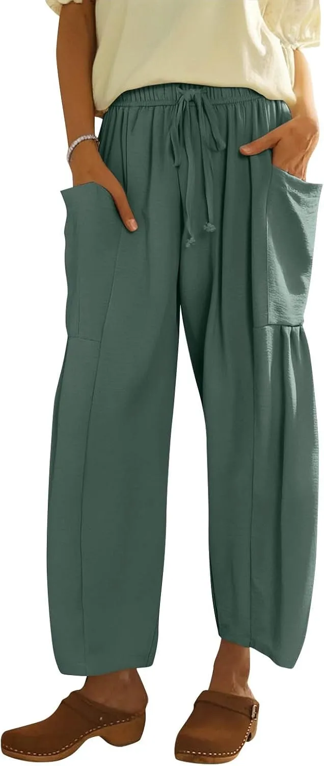 Wide Leg Boho Pants for Women 2025 Linen Beach Elastic Waist Palazzo Pants with Pockets Drawstring Pleated Trousers