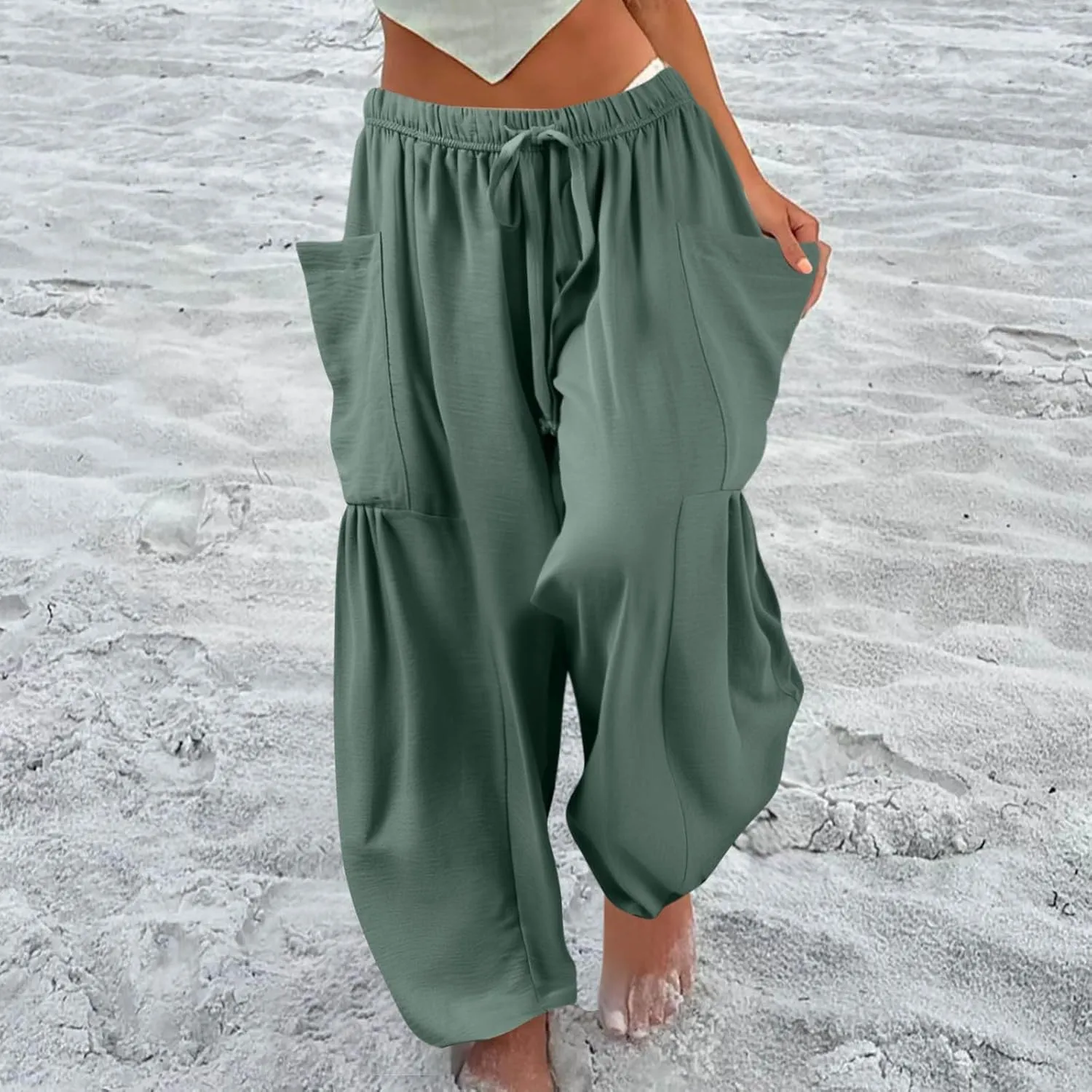 Wide Leg Boho Pants for Women 2025 Linen Beach Elastic Waist Palazzo Pants with Pockets Drawstring Pleated Trousers