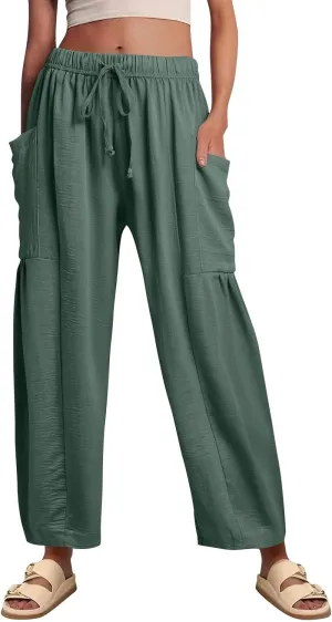 Wide Leg Boho Pants for Women 2025 Linen Beach Elastic Waist Palazzo Pants with Pockets Drawstring Pleated Trousers