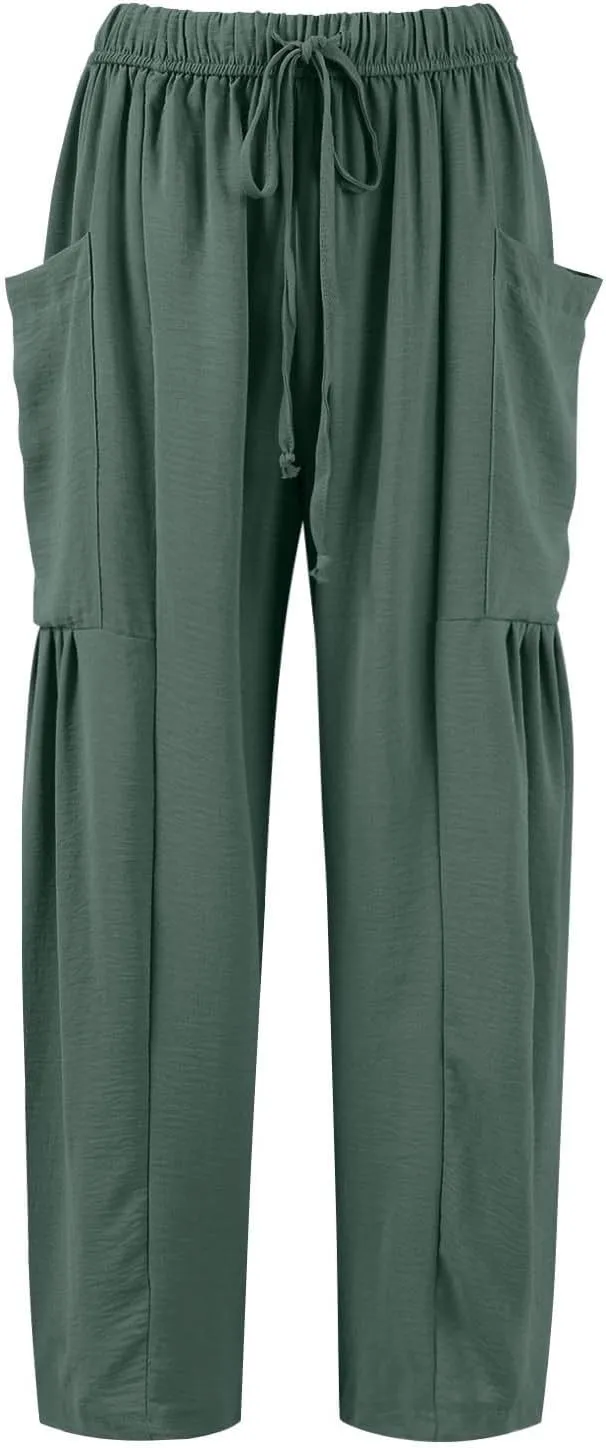 Wide Leg Boho Pants for Women 2025 Linen Beach Elastic Waist Palazzo Pants with Pockets Drawstring Pleated Trousers