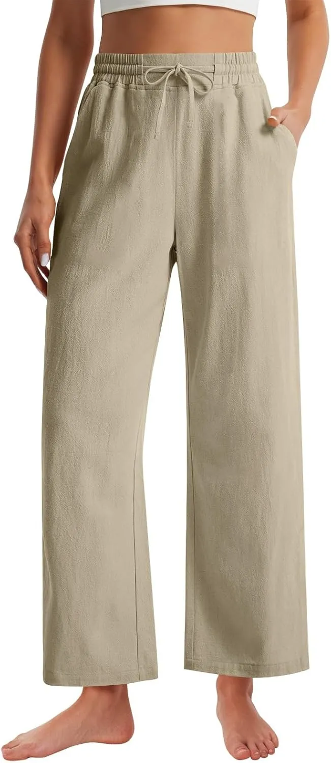 Wide Leg Casual Pants for Women 2025 Linen Flowy Elastic Waist Palazzo Pants with Pockets Straight Drawstring Trousers