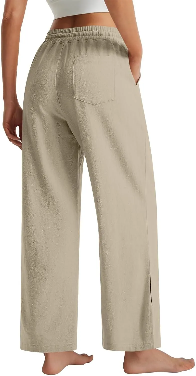 Wide Leg Casual Pants for Women 2025 Linen Flowy Elastic Waist Palazzo Pants with Pockets Straight Drawstring Trousers