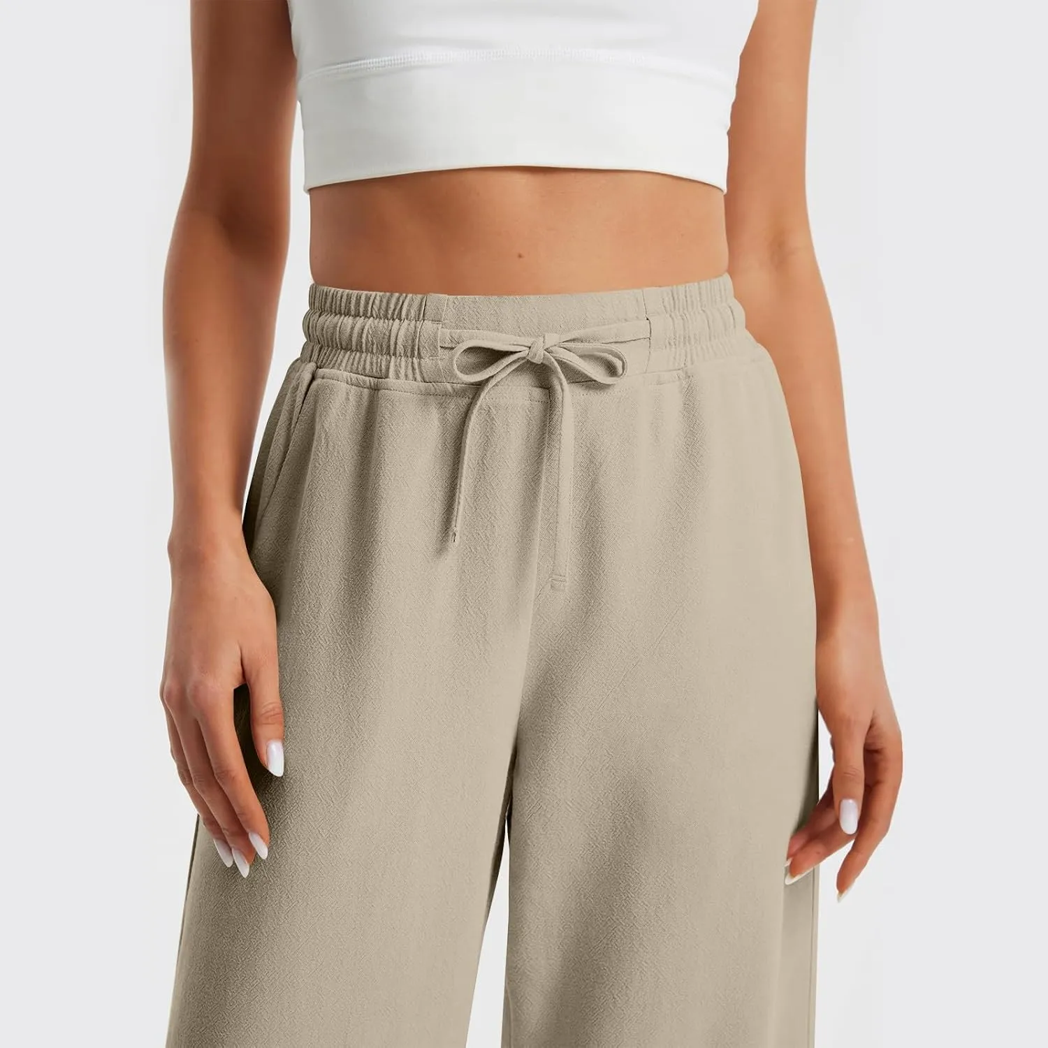 Wide Leg Casual Pants for Women 2025 Linen Flowy Elastic Waist Palazzo Pants with Pockets Straight Drawstring Trousers