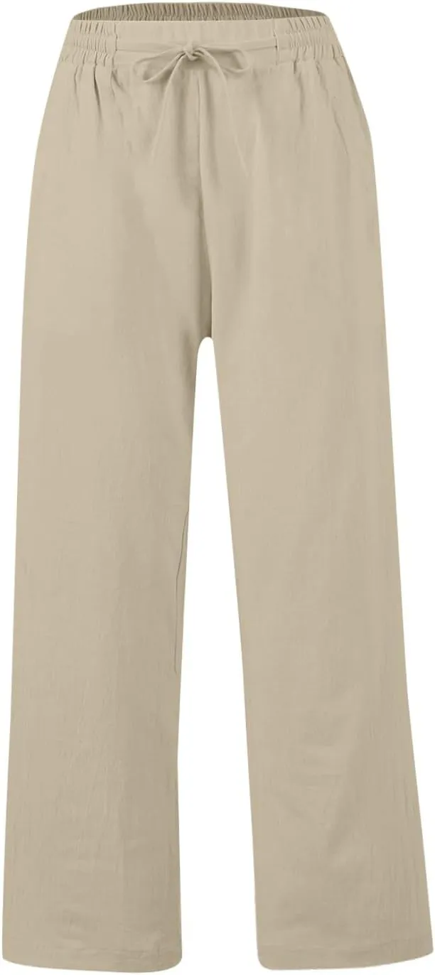 Wide Leg Casual Pants for Women 2025 Linen Flowy Elastic Waist Palazzo Pants with Pockets Straight Drawstring Trousers