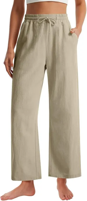 Wide Leg Casual Pants for Women 2025 Linen Flowy Elastic Waist Palazzo Pants with Pockets Straight Drawstring Trousers