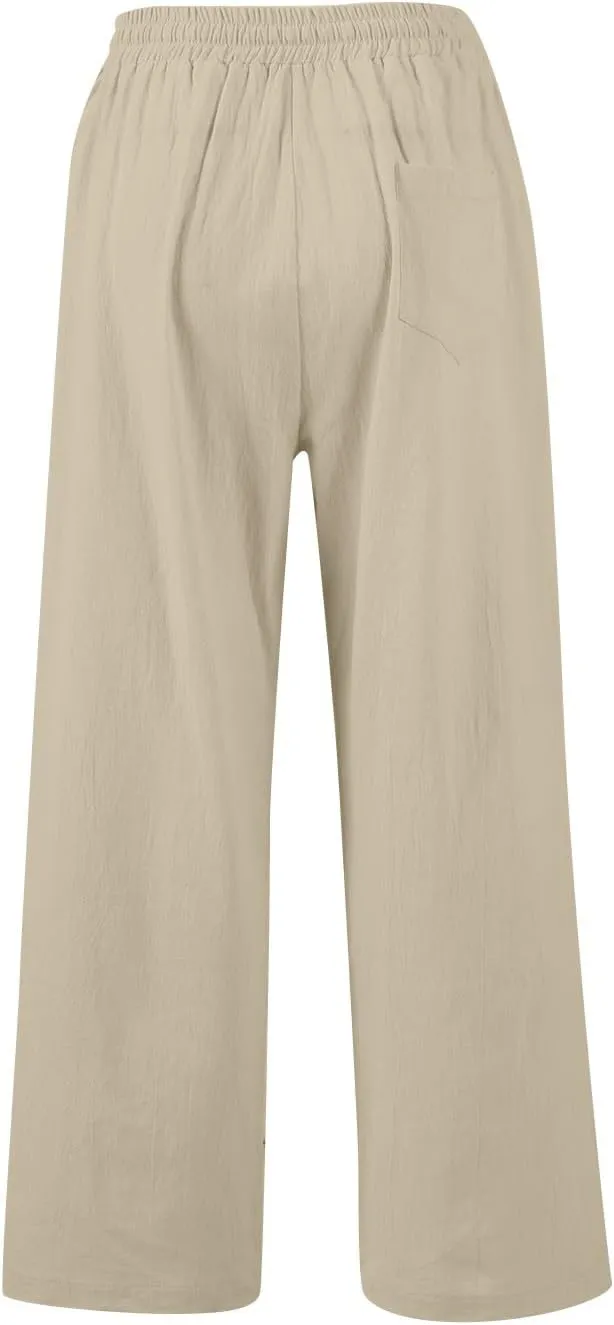 Wide Leg Casual Pants for Women 2025 Linen Flowy Elastic Waist Palazzo Pants with Pockets Straight Drawstring Trousers