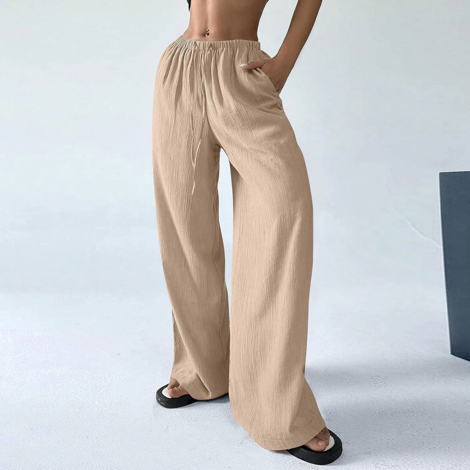Wide Leg Casual Pants for Women Linen Flowy Elastic Waist Palazzo Pants Work Summer Vintage Straight Drawstring Clothes