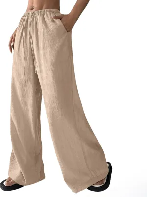 Wide Leg Casual Pants for Women Linen Flowy Elastic Waist Palazzo Pants Work Summer Vintage Straight Drawstring Clothes