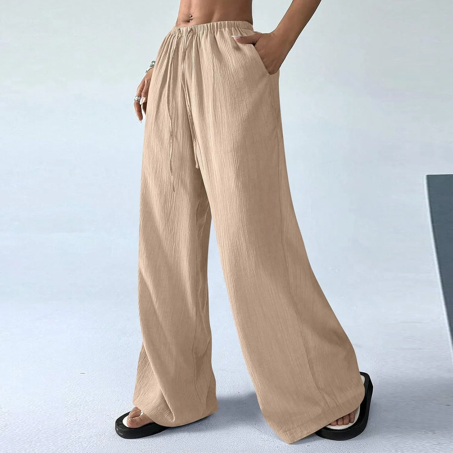 Wide Leg Casual Pants for Women Linen Flowy Elastic Waist Palazzo Pants Work Summer Vintage Straight Drawstring Clothes