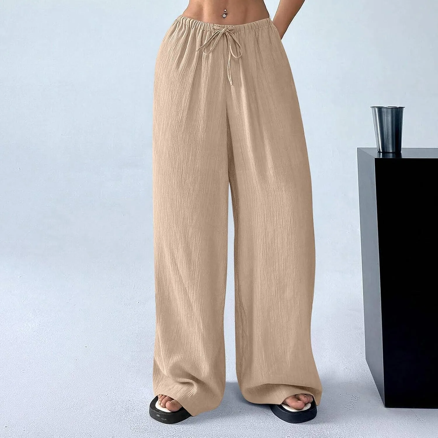 Wide Leg Casual Pants for Women Linen Flowy Elastic Waist Palazzo Pants Work Summer Vintage Straight Drawstring Clothes