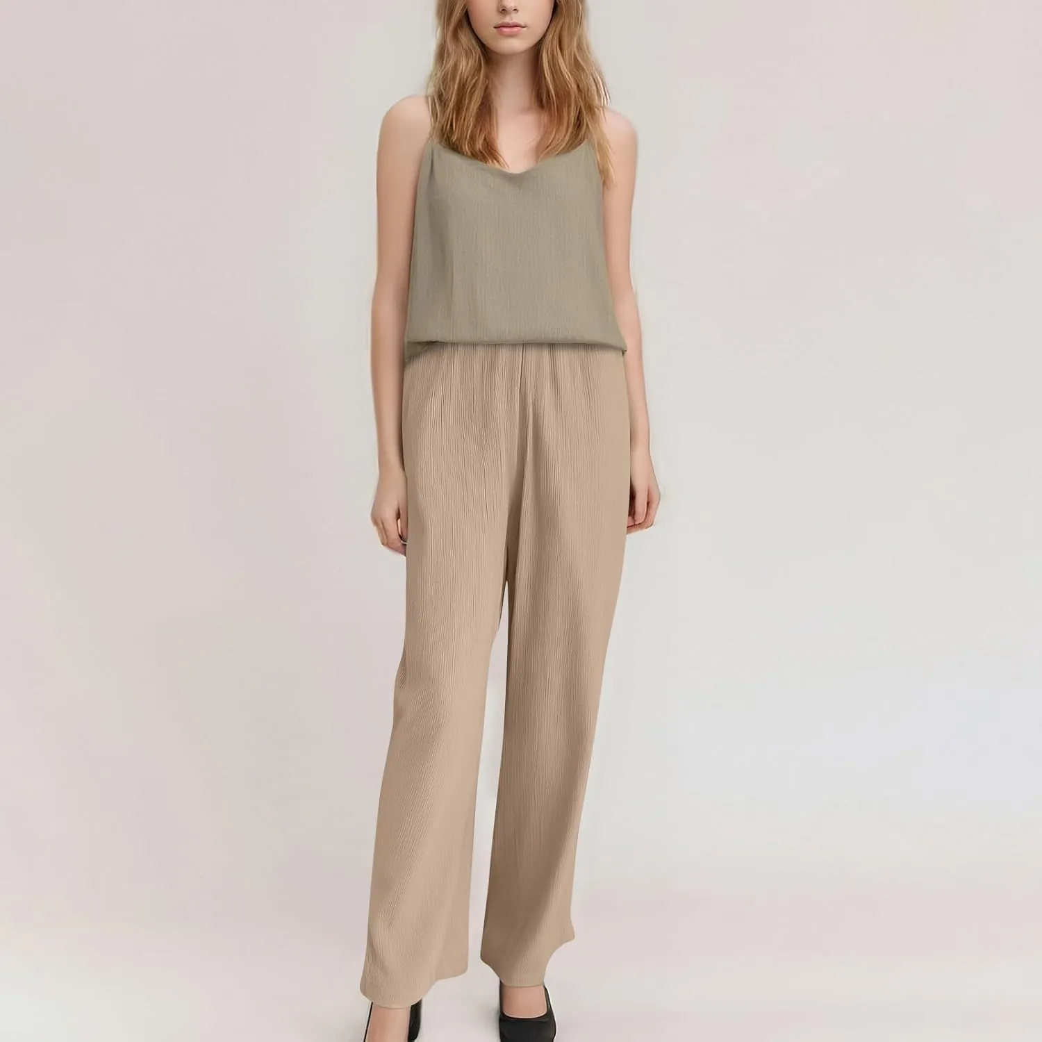 Wide Leg Casual Pants for Women Linen Flowy Elastic Waist Palazzo Pants Work Summer Vintage Straight Drawstring Clothes